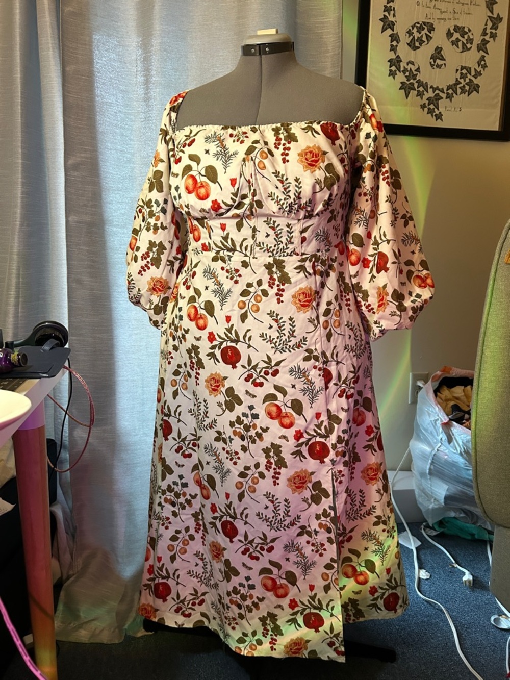 Cider Ivory Maxi Dress with Red & Green Floral Fruit Print